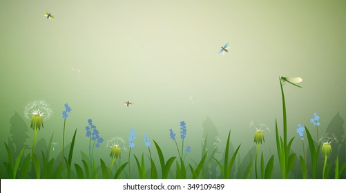 morning fresh summer background with flowers forget me not, grass, leaves, dandelions, dragonfly and butterfly, vector