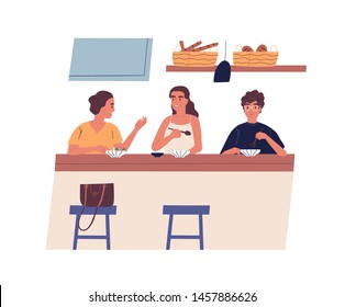 Morning friendly meeting at cafe. Group of young happy friends eating breakfast or lunch together and talking. Cute young men and women having brunch. Vector illustration in flat cartoon style.