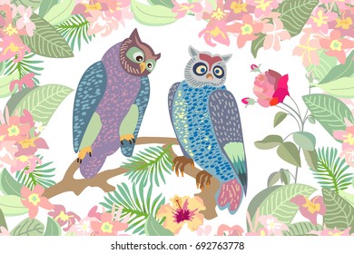 Morning garden and owls. Seamless vector print with birds, blooming flowers and palm leaves. Victorian motifs. On white background.
