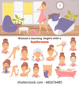 Morning girl hygiene color flat icons set. Girl awakening at the room illustration for web and mobile design