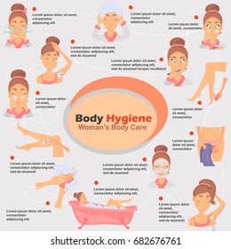 Morning girl hygiene infographics set illustration for web and mobile design