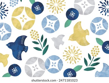 Morning glory and birds Japanese pattern watercolor for summer