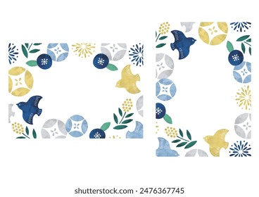 Morning glory and birds Japanese pattern frame watercolor for summer 2
