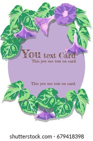 Morning Glory card design. Brown text on violet oval in flower background is vector.