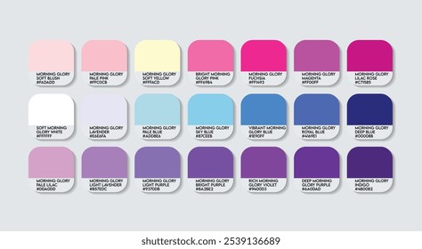 Morning Glory Color Palette, Morning Glory Flower Color Guide Palette with Colors Names. Catalog Samples of purple RGB HEX codes. natural indigo color variations, Fashion Trend Glory Color Palette