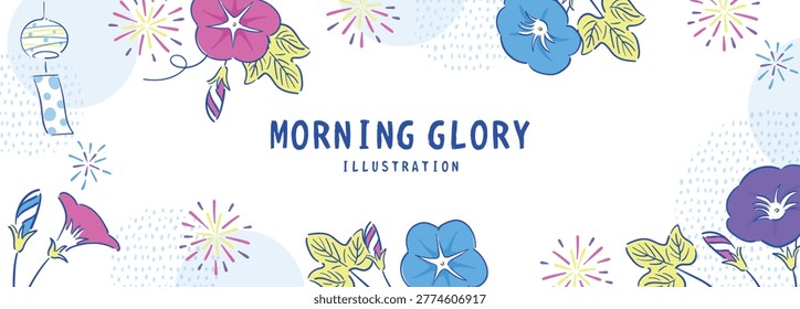 Morning Glory and Fireworks Horizontal Frame Hand Drawn Summer Background Illustration