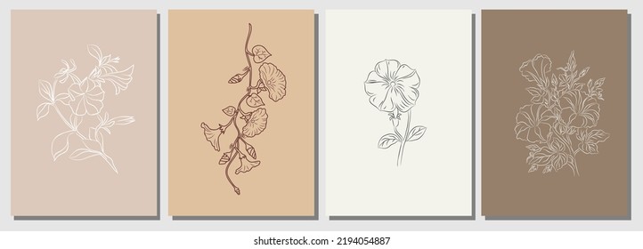 Vormittags glorreiche Blumenlinie Zeichnen Drucksatz Set. Botanisches Poster. Moderne Linienkunst, ästhetische Kontraste. Perfekt für die Innendekoration, Wall Art, T-Shirt Print, Tattoo, Logo, Schmuck Design. Vektorgrafiken.