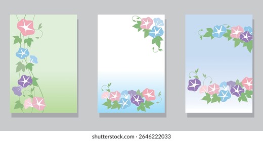 Manhã glória flores decoração verão modelo de saudação. Conjunto de modelos de saudação de Verão Japonês. Ilustração vetorial.