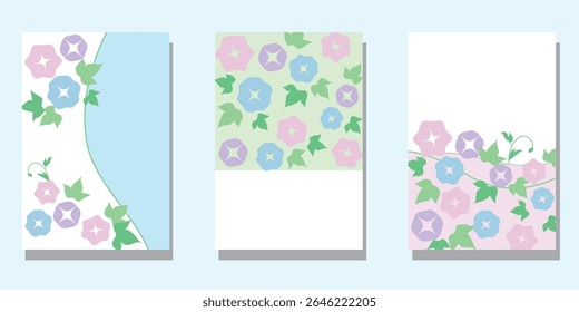 Manhã glória flores decoração verão modelo de saudação. Conjunto de modelos de saudação de Verão Japonês. Ilustração vetorial.