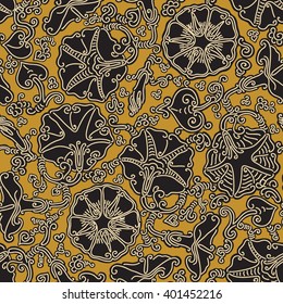 Morning Glory Seamless Pattern.
Hand drawn ornamental wallpaper or textile pattern with intricate floral motives in vector format.