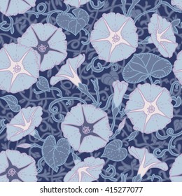 Morning Glory Seamless Pattern.
Hand drawn ornamental wallpaper or textile pattern with intricate floral motives in vector format.
