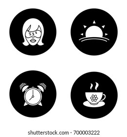 Morning glyph icons set. Sleeping woman, sunrise, alarm clock, herbal teacup. Vector white silhouettes illustrations in black circles