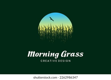 Morning grass logo template design, green grass vector illustration