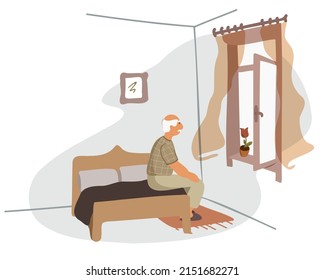 In the morning, a gray-haired grandfather woke up in pajamas and sits on the bed, looks out the open window. Vector illustration