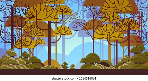 morning green tree forest beautiful nature landscape background flat horizontal vector illustration