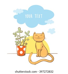 Morning greeting card with cute cartoon  cat and  houseplant. Sunrise and clouds. Children's illustration. Vector image.