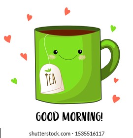 Morning greeting. Cute character. Cup with a tea bag. Good morning