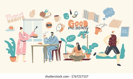 Morning Habits. Characters Daily Routine, Man and Woman Waking Up, Cooking Breakfast, Drinking Coffee Together at Home. Girl Doing Yoga or Stretching, Man Jogging. Linear People Vector Illustration