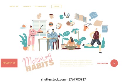 Morning Habits. Characters Daily Routine Landing Page Template. Man Woman Waking Up, Cooking Breakfast, Drinking Coffee. Girl Doing Yoga or Stretching, Man Jogging. Linear People Vector Illustration