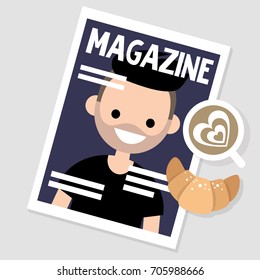 Morning habits. Reading magazine while having breakfast. Still life. / flat editable vector illustration, clip art