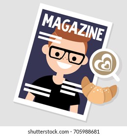 Morning habits. Reading magazine while having breakfast. Still life. / flat editable vector illustration, clip art