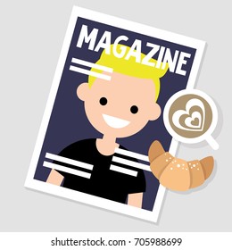 Morning habits. Reading magazine while having breakfast. Still life. / flat editable vector illustration, clip art