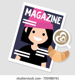 Morning habits. Reading magazine while having breakfast. Still life. / flat editable vector illustration, clip art