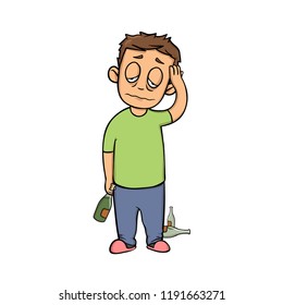 Morning hangover guy. Young man with headache and a bottle. Flat design icon. Colorful flat vector illustration. Isolated on white background.