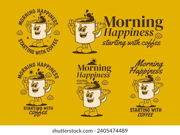 Morning happiness starting with coffee. Mascot character illustration of coffee mug with happy face