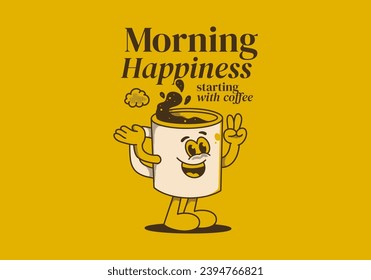 Morning happiness starting with coffee. Vintage character illustration of coffee mug with happy face