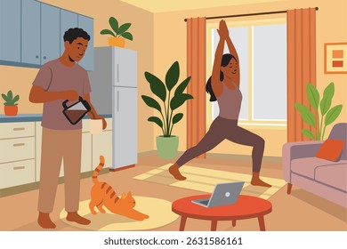 Harmonia matinal com Yoga, café e acolhedor