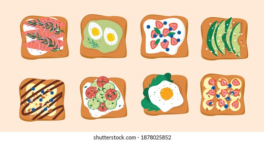 Morning healthy breakfast food concept. Set of various toasts. Salmon, fish, fried and steamed eggs, avocado slices, banana, almond, chocolate syrup, berries. Vector illustration flat cartoon  style.