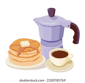 Morning. Healthy breakfast. Pancakes and coffee muffins. The concept of proper nutrition. First meal. Cartoon style. Flat design.