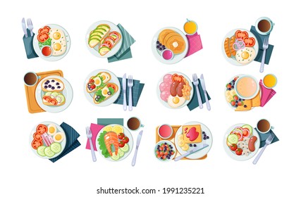 Morning healthy food top view. Set classic breakfast dish with beverage. Appetizing serving avocado toasts, coffee and pancakes with butter, eggs, sandwich, oatmeal, sausage and fish cartoon vector