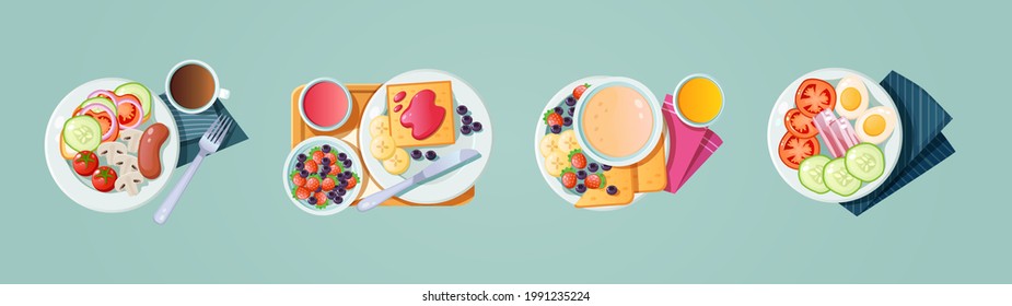 Morning healthy food top view. Set classic breakfast dish with beverage. Appetizing serving avocado toasts, coffee and pancakes with butter, eggs, sandwich, oatmeal, sausage and fish cartoon vector