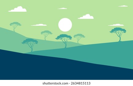 Morning Hilly Nature Landscape with Sunrise and Tree Silhouettes