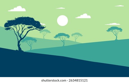 Morning Hilly Nature Landscape with Sunrise and Tree Silhouettes