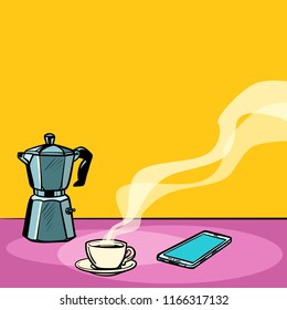 morning hot coffee on the table. Pop art retro vector illustration vintage kitsch