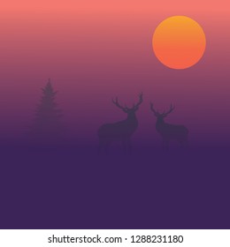 Morning hunt on deer. Young deer in fog looks at the sunrise. Abstract illustration for book cover, banner, advertisement. Poster without slogan.  Deer silhouette in fog. Vector illustration