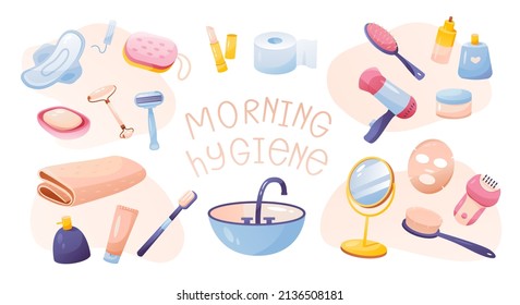 Colección de higiene matutina.  Un conjunto de artículos para la higiene matutina femenina. Autocuidado en casa. Ilustración vectorial de dibujos animados.