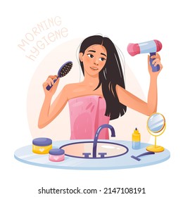 Colección de higiene matutina. Una niña se seca el pelo con un secador de pelo. La chica se está cepillando los dientes. Autocuidado en casa. Ilustración vectorial de dibujos animados.