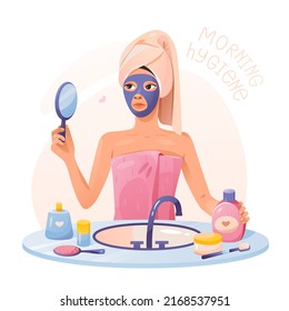 Morning hygiene A young girl with a cosmetic mask on her face. Self-care at home. Cartoon vector illustration.
