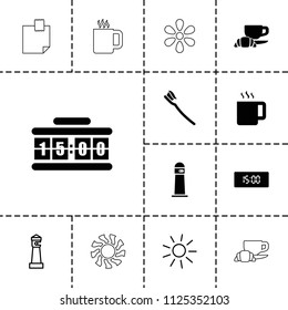 Morning icon. collection of 13 morning filled and outline icons such as tooth brush, digital clock, lighthouse, sun, tea. editable morning icons for web and mobile.