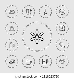Morning icon. collection of 13 morning outline icons such as sun, dish, tea, tea cup, coffee and croissant, bell, digital clock. editable morning icons for web and mobile.