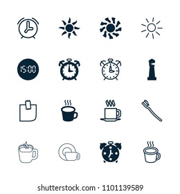 Morning icon. collection of 16 morning filled and outline icons such as lighthouse, cup, digital clock, alarm, sun, tooth brush. editable morning icons for web and mobile.