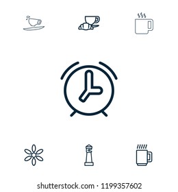 Morning icon. collection of 7 morning outline icons such as lighthouse, sun, coffee and croissant, mug, alarm, tea. editable morning icons for web and mobile.