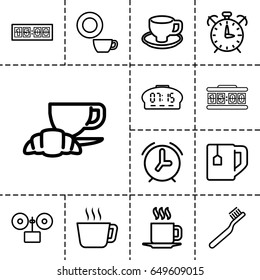 Morning icon. set of 13 outline morning icons such as toothbrush, dish, tea cup, coffee and croissant, coffee cup, cup, digital clock, alarm