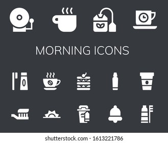 morning icon set. 14 filled morning icons. Included Alarm bell, Coffee cup, Tea bag, Tea time, Toothbrush, Sunrise, Coffee, Waffle, Bell, Toothpaste icons