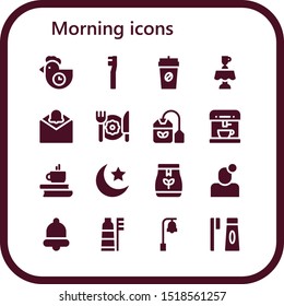 morning icon set. 16 filled morning icons.  Simple modern icons about  - Morning, Toothbrush, Coffee, Latte, Notification, Breakfast, Tea bag, Coffee machine, Night, Bell