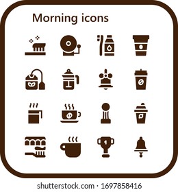 morning icon set. 16 filled morning icons. Included Toothbrush, Alarm bell, Tooth Brush, Coffee, Tea bag, French press, Bell, Cup, Coffee cup icons